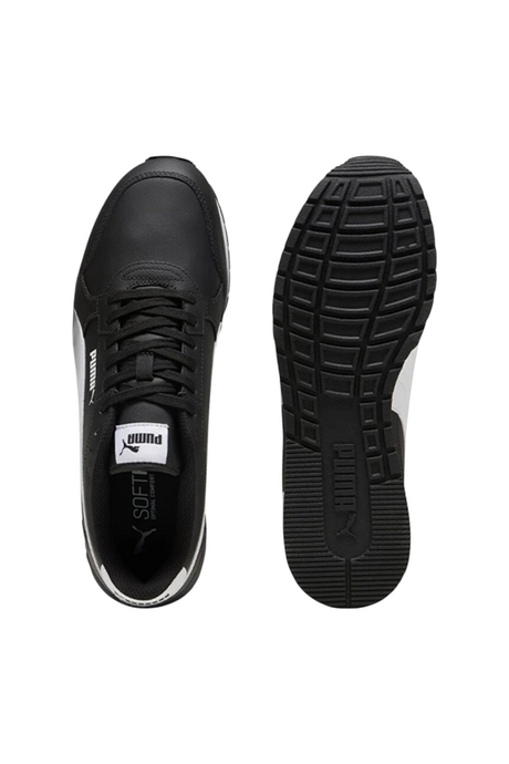Sporline Puma ST Runner v4 L erkek spor ayakkabı, siyah deri üst yüzey ve beyaz detaylı kauçuk taban tasarımı.