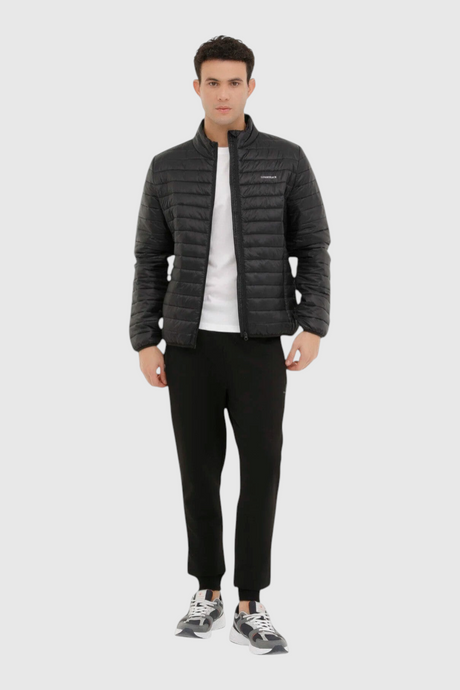 Sporline Lumberjack siyah slim fit erkek mont, %100 polyester dolgulu şişme tasarım, dik yaka detaylı.
