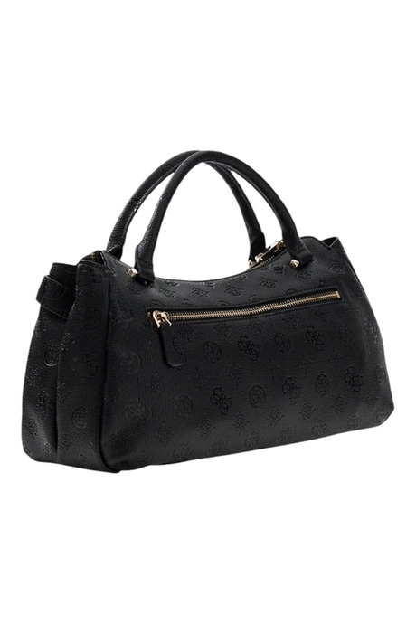 Sporline Guess Ella Logo siyah kadın satchel çanta, kabartmalı desenli ve fermuarlı detaylı şık tasarım