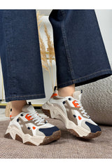 Noctra Kadın Süet Lacivert Koyu Kahverengi Bağcıklı Yüksek Tabanlı Sneakers - Lacivert/ Kahve