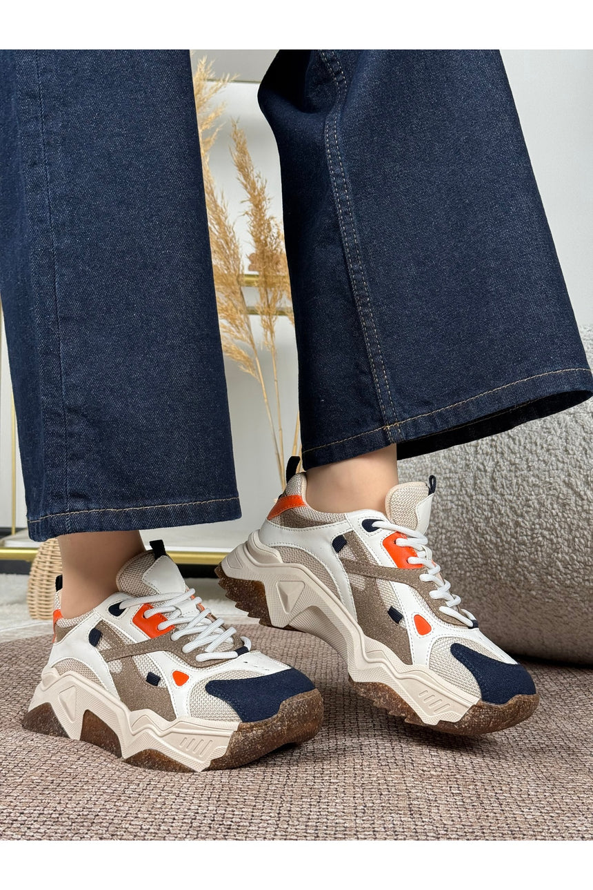 Noctra Kadın Süet Lacivert Koyu Kahverengi Bağcıklı Yüksek Tabanlı Sneakers - Lacivert/ Kahve