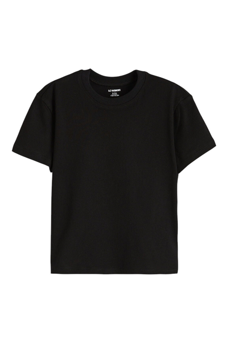 Sporline LC Waikiki çocuk siyah kısa kollu pamuklu t-shirt, günlük kullanım için rahat regular kesim.