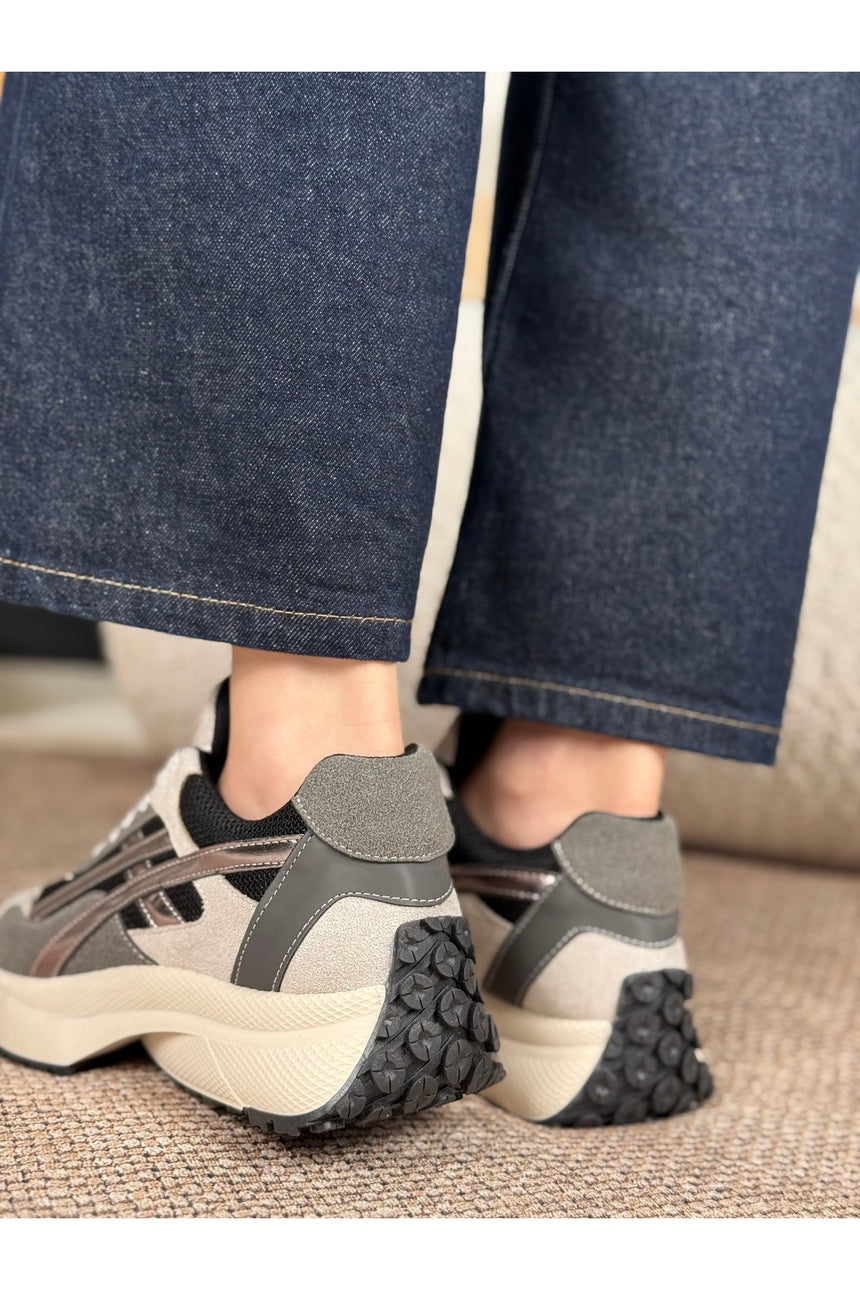 Rovena Kadın Gri Gümüş Yüksek Taban Bağcıklı  Sneaker Spor Ayakkabı - Gri