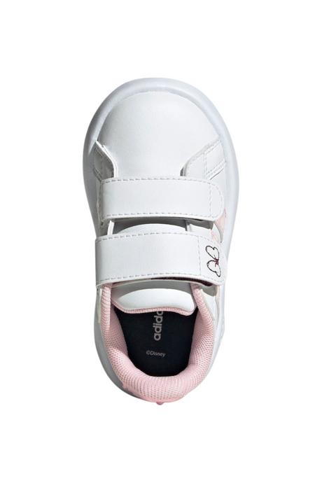 Sporline adidas Grand Court Minnie beyaz suni deri çocuk sneaker, cırt cırtlı tasarım ve pembe detaylı üstten görünüm