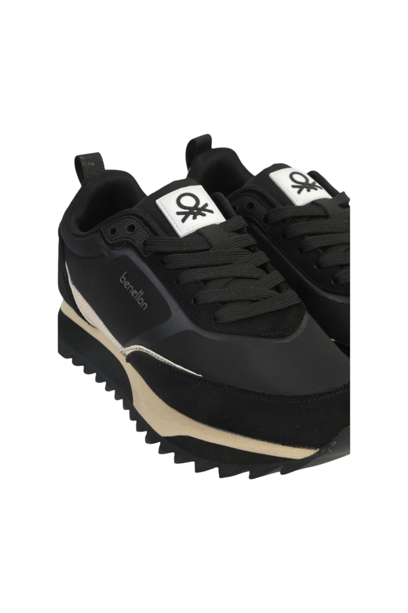 Sporline Benetton siyah tekstil kadın sneaker, kalın tabanlı ve bağcıklı günlük spor ayakkabı modeli.
