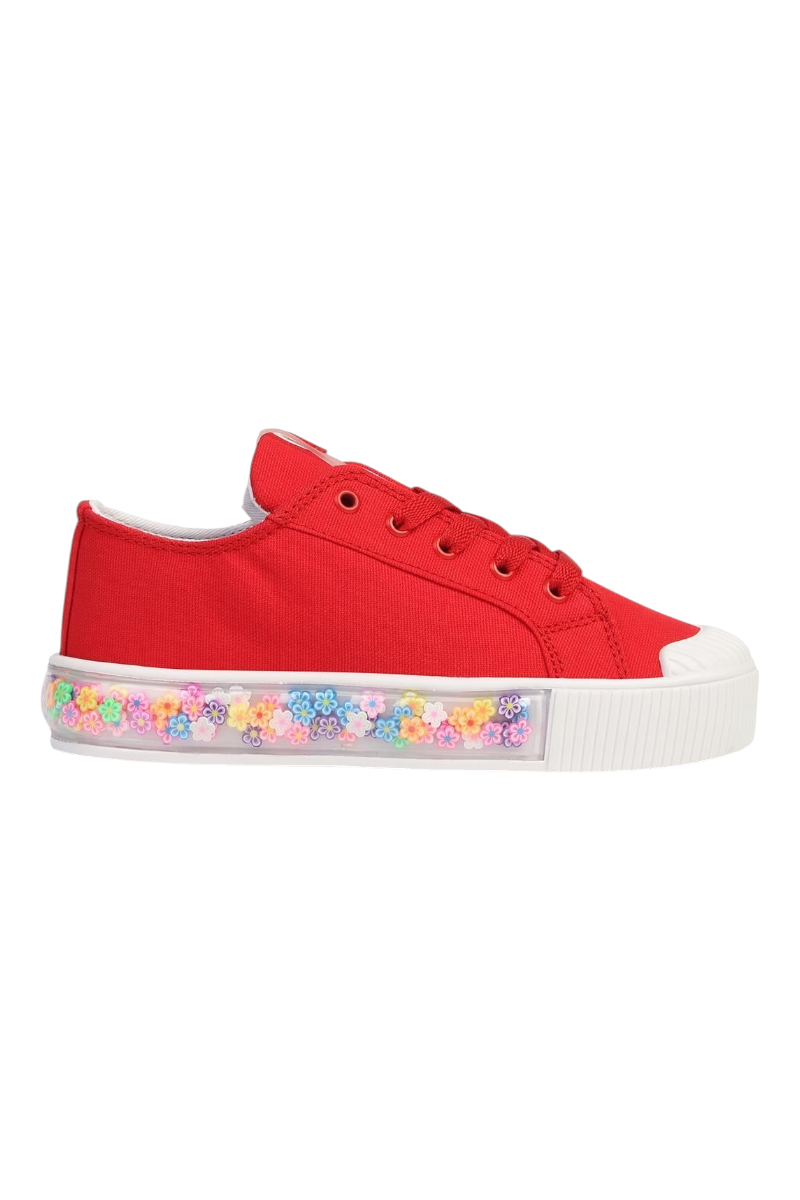 Sporline Benetton kırmızı tekstil çocuk sneaker, tabanında renkli çiçek desenli detaylara sahip spor ayakkabı