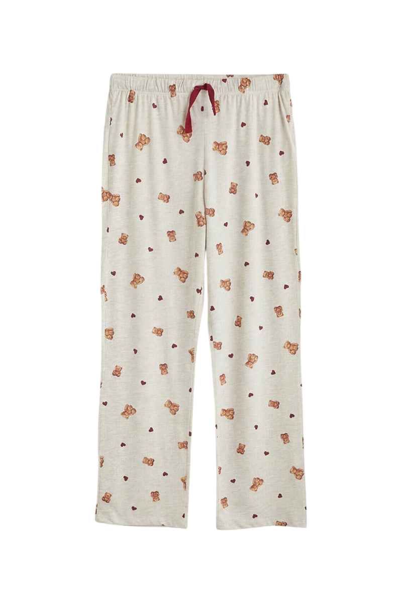 Sporline LC Waikiki açık bej renkli, ayıcık ve kalp desenli, beli bağcıklı hamile pijama altı