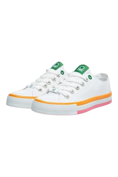 Sporline Benetton kadın beyaz kanvas sneaker, turuncu ve pembe detaylı kauçuk tabanlı günlük spor ayakkabı