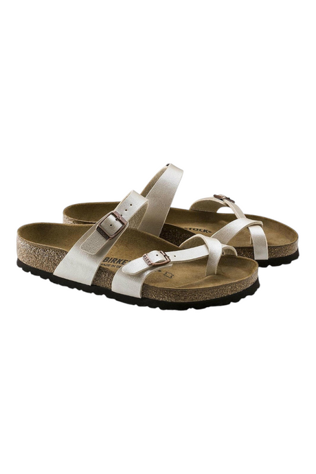 Sporline Birkenstock Mayari beyaz kadın terlik, mantar tabanlı ve ayarlanabilir tokalı şık tasarım.
