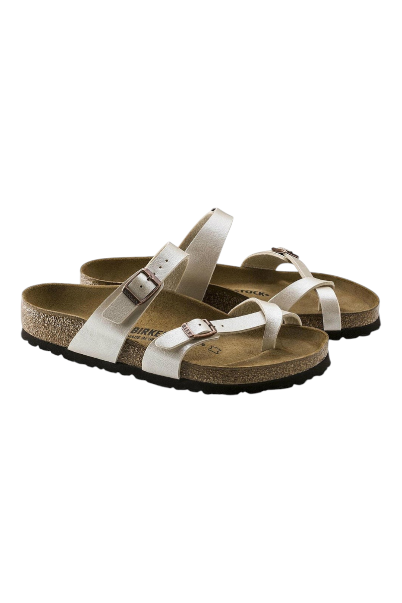 Sporline Birkenstock Mayari beyaz kadın terlik, mantar tabanlı ve ayarlanabilir tokalı şık tasarım.