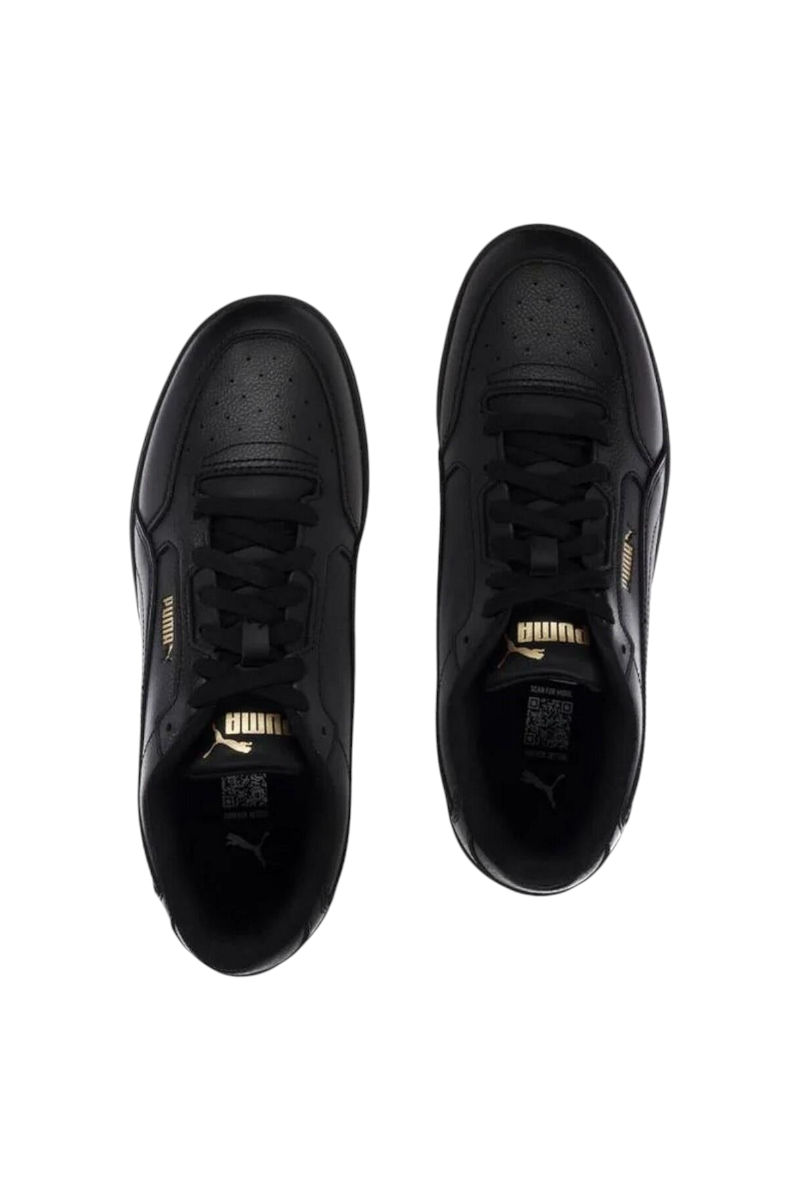 Sporline Puma Shuffle Downtown siyah unisex sneaker, altın detaylı logo ve bağcıklı tasarım, üstten görünüm.