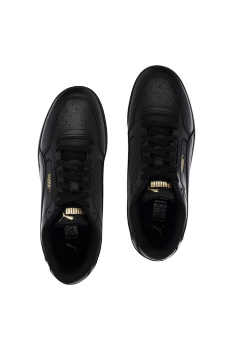 Sporline Puma Shuffle Downtown siyah unisex sneaker, altın detaylı logo ve bağcıklı tasarım, üstten görünüm.