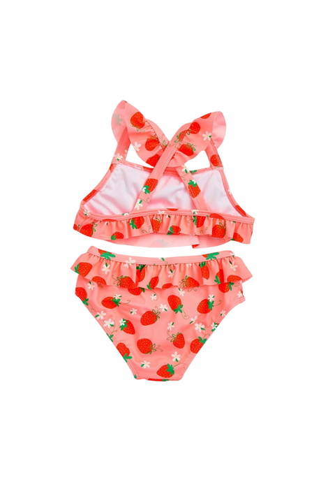 Sporline LC Waikiki pembe çilek desenli fırfırlı kız çocuk bikini takımı