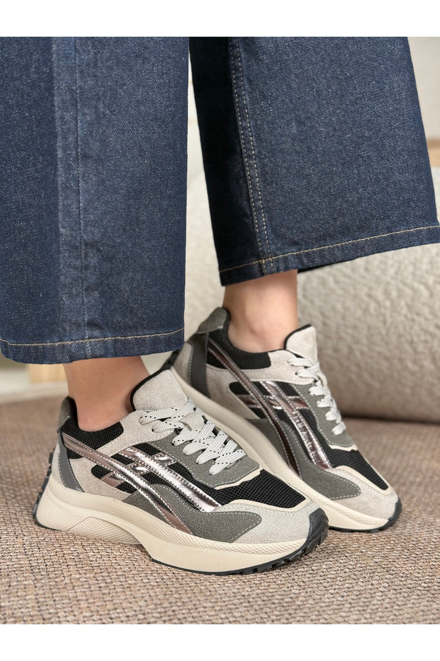 Rovena Kadın Gri Gümüş Yüksek Taban Bağcıklı  Sneaker Spor Ayakkabı - Gri
