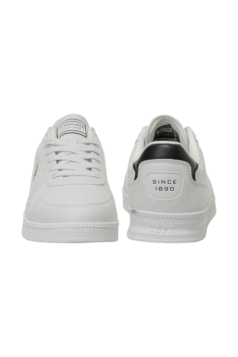 Sporline U.S. Polo Assn. beyaz suni deri kadın sneaker, topuk kısmında siyah detaylı ve 1890 baskılı tasarım