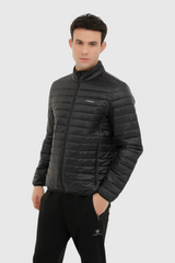 Sporline Lumberjack siyah slim fit erkek şişme mont, %100 polyester, dik yaka ve fermuarlı tasarım.