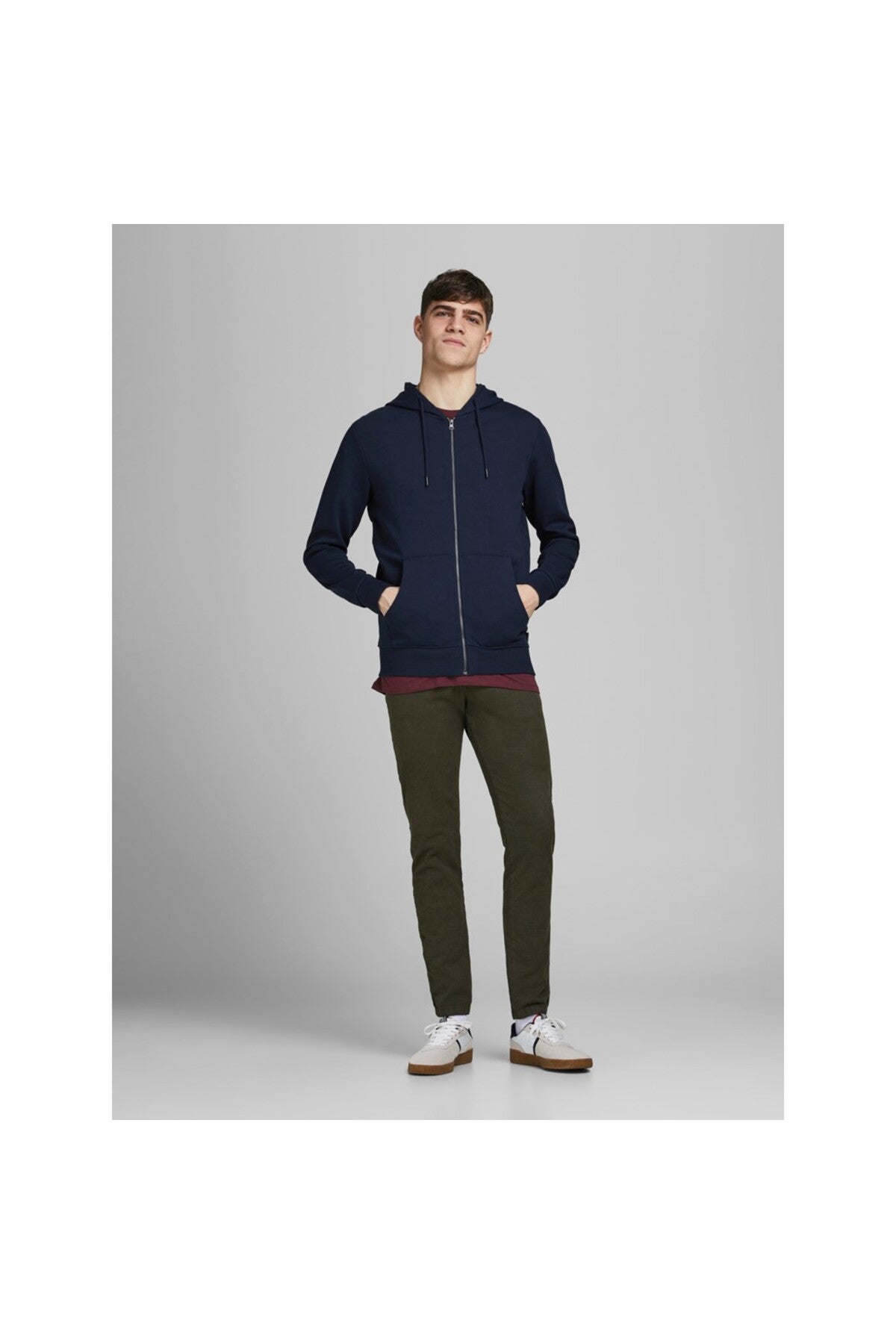 Jack & Jones Plus Basic Erkek Büyük Beden Kapüşonlu Fermuarlı Sweatshirt 12182493 - Koyu Lacivert