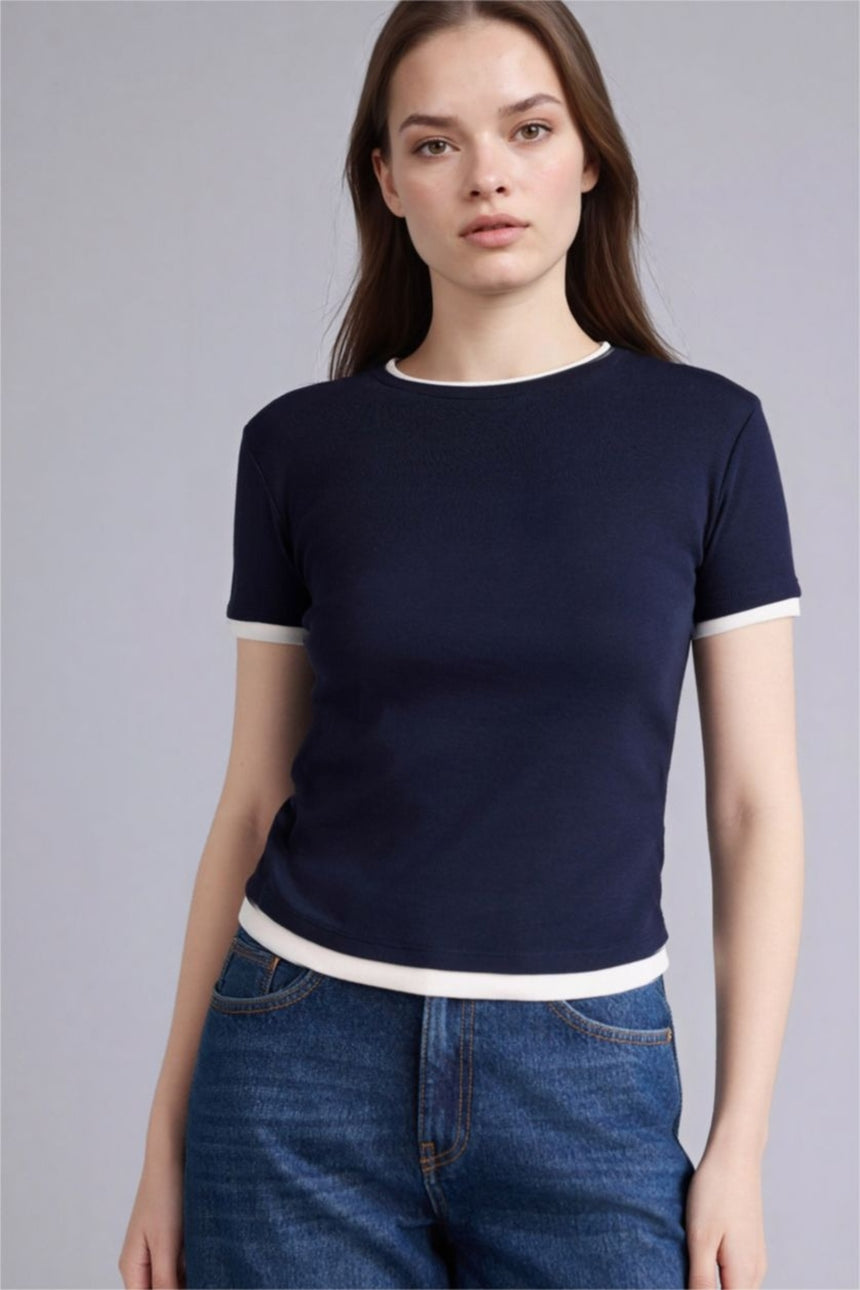 Defacto Kadın Short Sleeve T-Shirt F3504AX - Koyu Lacivert
