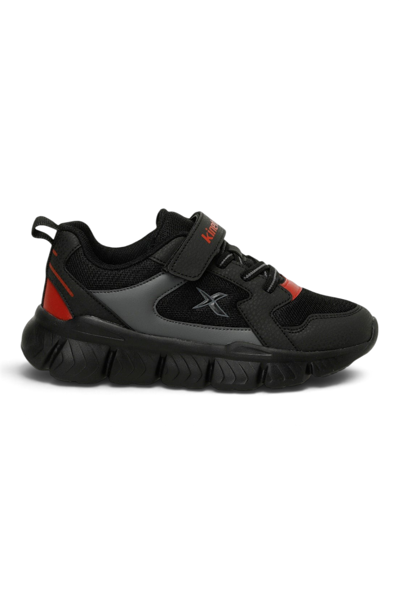 Sporline Kinetix 5P Renium siyah suni deri kadın sneaker, cırt cırtlı ve bağcıklı spor ayakkabı tasarımı.
