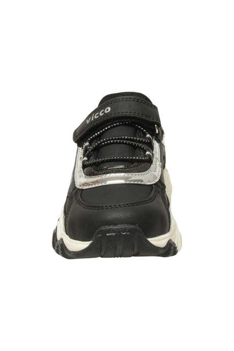 Sporline Vicco siyah PU çocuk sneaker, cırt cırtlı ve bağcıklı tasarım, önden görünüm.