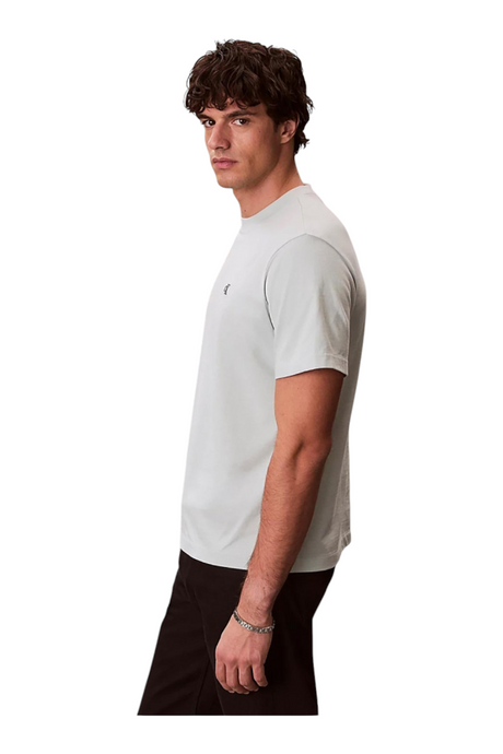 Sporline Calvin Klein yeşil renkli, %100 pamuklu, regular kesim erkek tişört giyen model yan profil görünümü