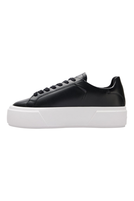 Sporline Calvin Klein siyah deri kadın sneaker, kalın beyaz tabanlı şık günlük ayakkabı tasarımı