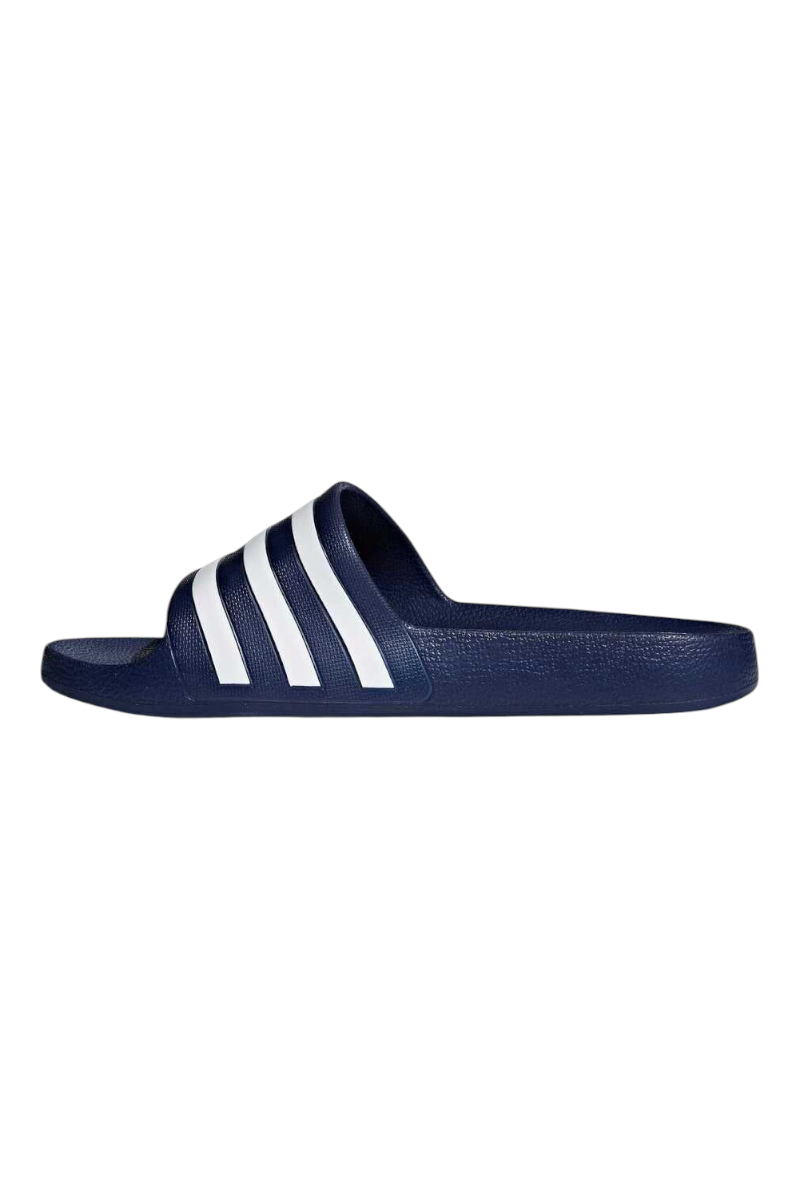 Sporline adidas Adilette Aqua unisex koyu mavi beyaz suni deri terlik, yan profil görünümü