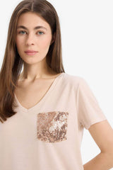 Defacto Kadın Short Sleeve T-Shirt U3769Az - Açık Bej