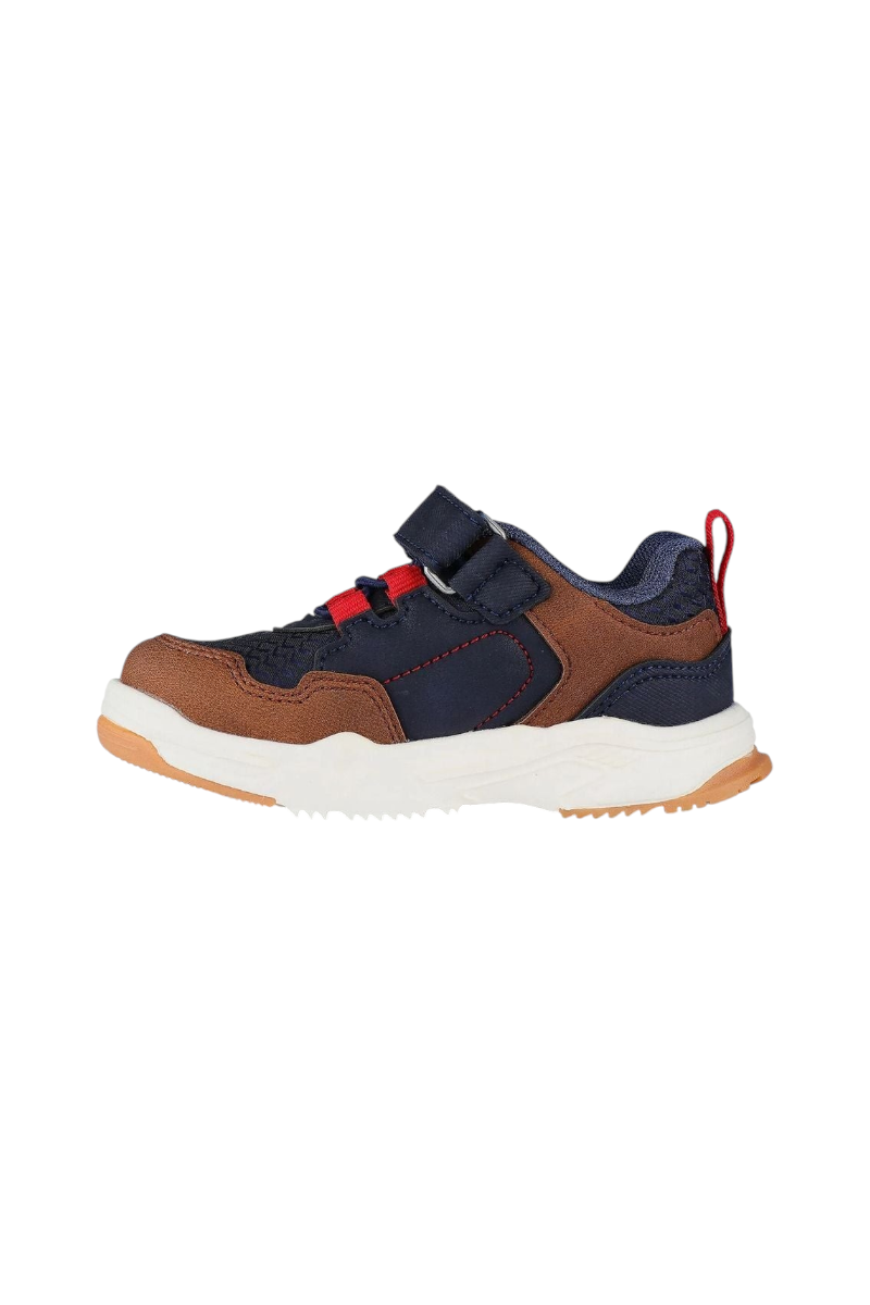 Sporline Vicco lacivert ve kahverengi PU çocuk sneaker, cırt cırtlı tasarım ve beyaz tabanlı günlük spor ayakkabı