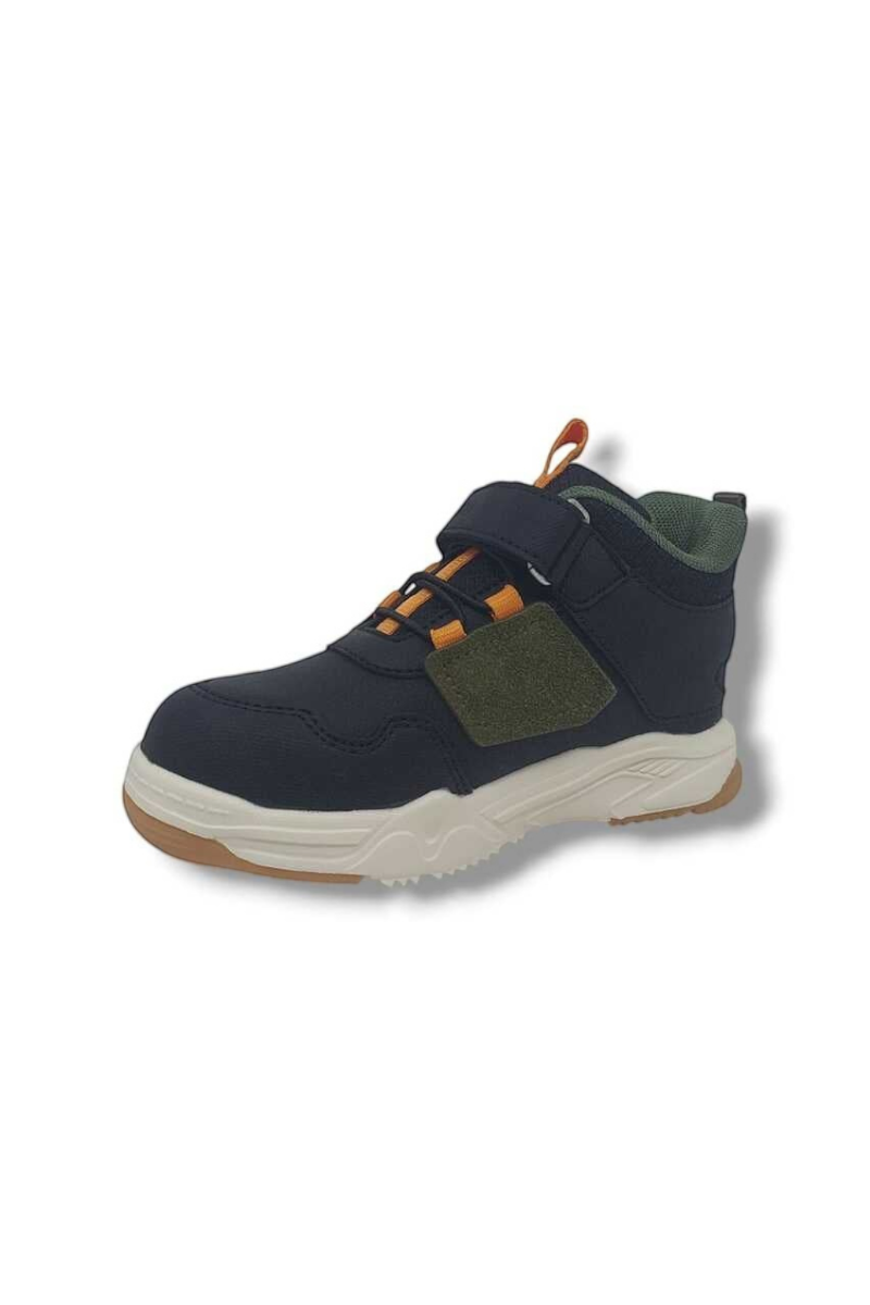 Sporline Vicco siyah suni deri çocuk sneaker, cırt cırtlı ve bağcıklı tasarım, yan detaylı günlük spor ayakkabı