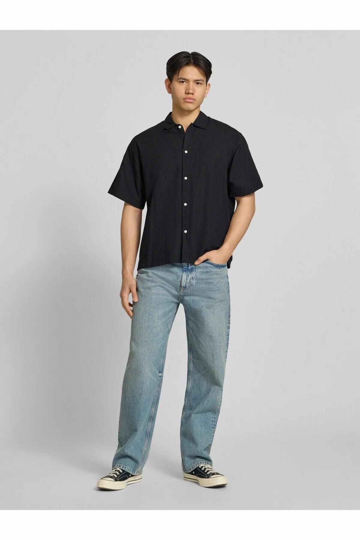 Jack & Jones Breeze Erkek Keten Karışımlı Kısa Kollu Gömlek 12288594 - Siyah