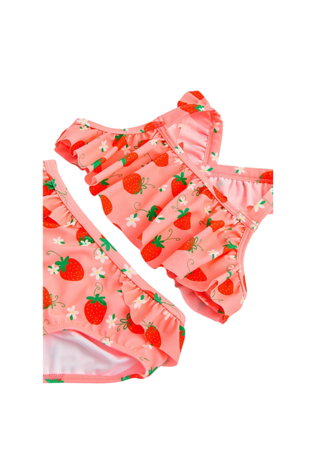Sporline LC Waikiki pembe çilek desenli fırfırlı kız çocuk bikini takımı