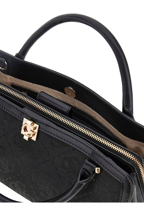 Sporline Guess Audrey Logo siyah polyester kadın el çantası, altın renkli metal detaylı satchel model