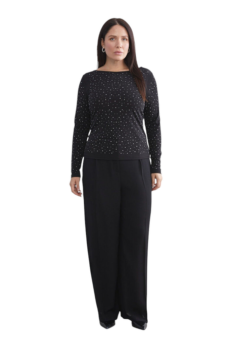Sporline LC Waikiki siyah uzun kollu slim fit pamuklu kadın tişörtü, beyaz noktalı desenli ve bisiklet yaka.