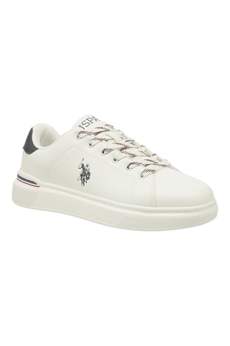 Sporline U.S. Polo Assn. beyaz suni deri erkek sneaker, yan kısmında logo detaylı ve çizgili bağcıklı tasarım.