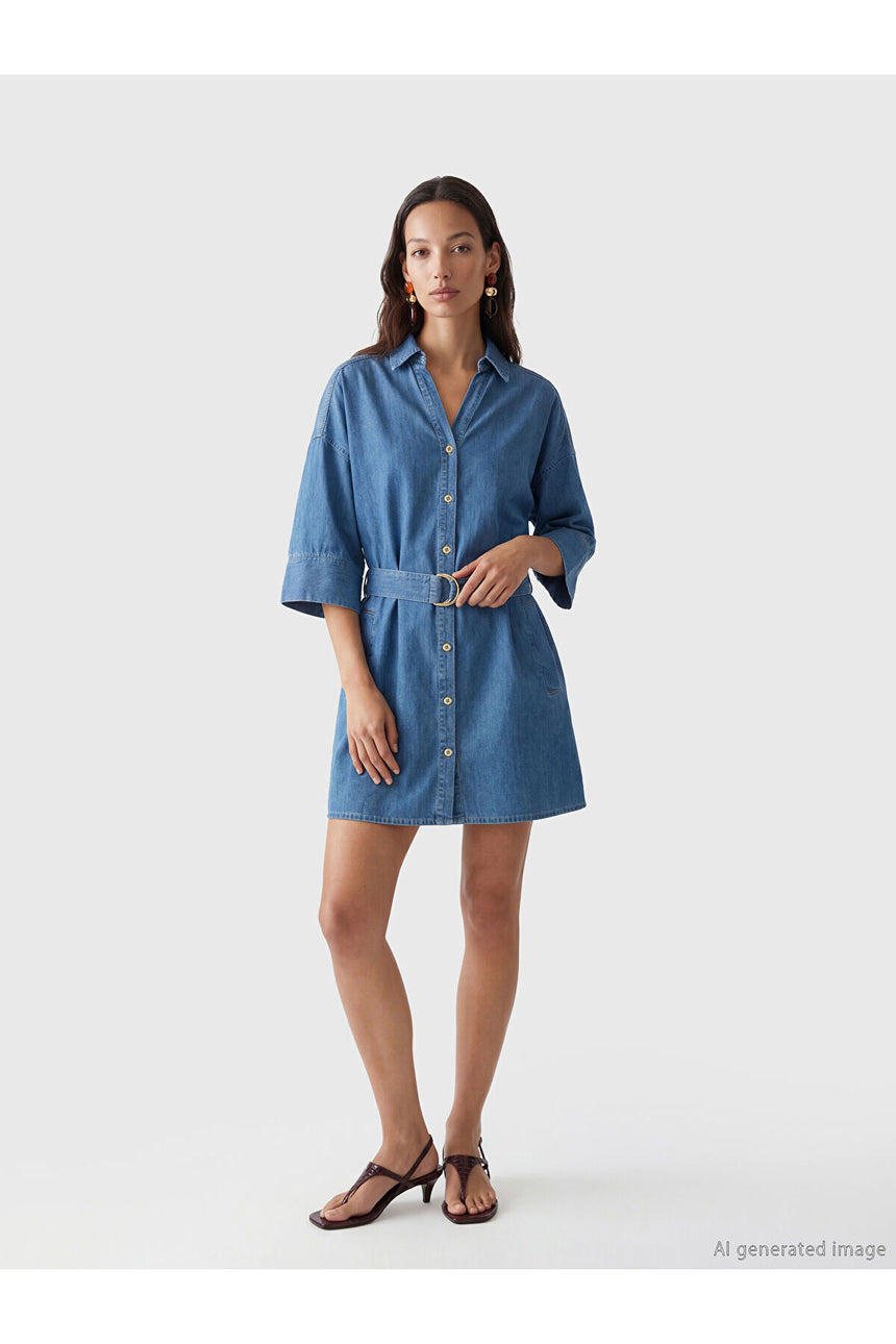 LC Waikiki Kadın Gömlek Yaka Mini Jean Elbise S6HT53B8 - İndigo Mavi