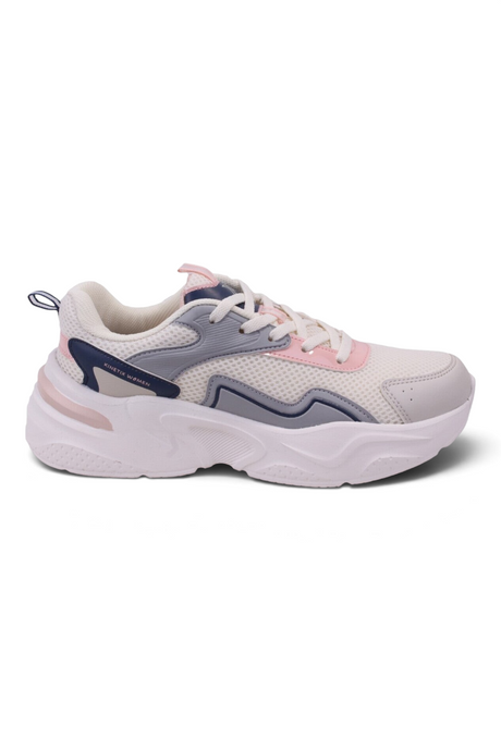 Sporline Kinetix Alinda TX kadın sneaker, ekru renkli, tekstil malzemeli, kalın tabanlı ve pembe detaylı spor ayakkabı