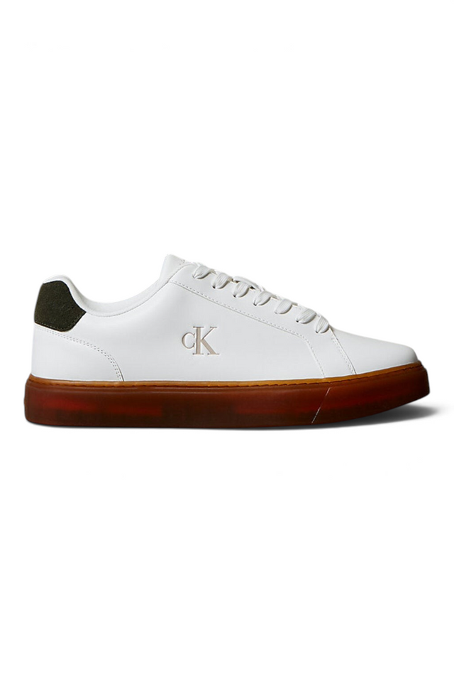 Sporline Calvin Klein beyaz deri erkek sneaker, yan kısımda cK logolu ve kahverengi tabanlı şık tasarım