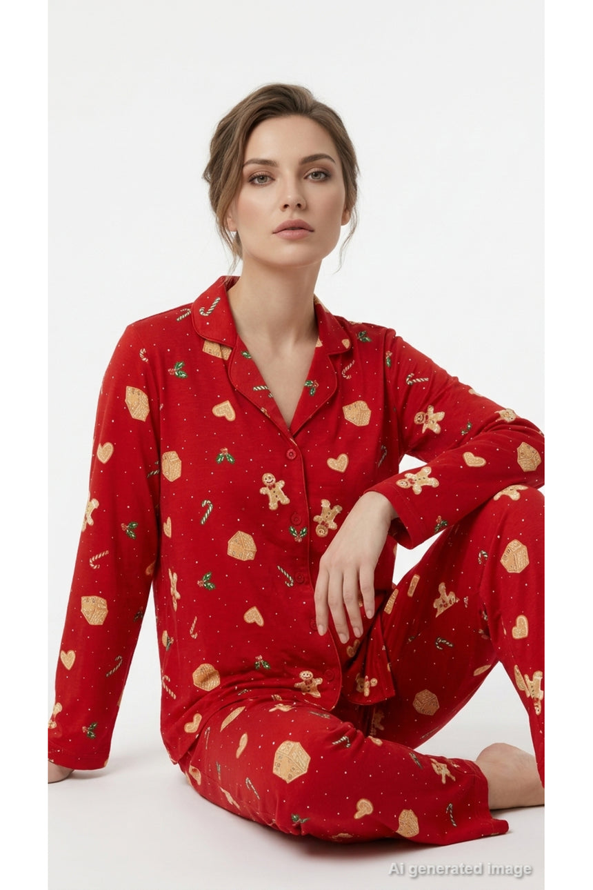 LC Waikiki Kadın Yılbaşı Desenli Pijama Takımı W6K038D8 - Kırmızı
