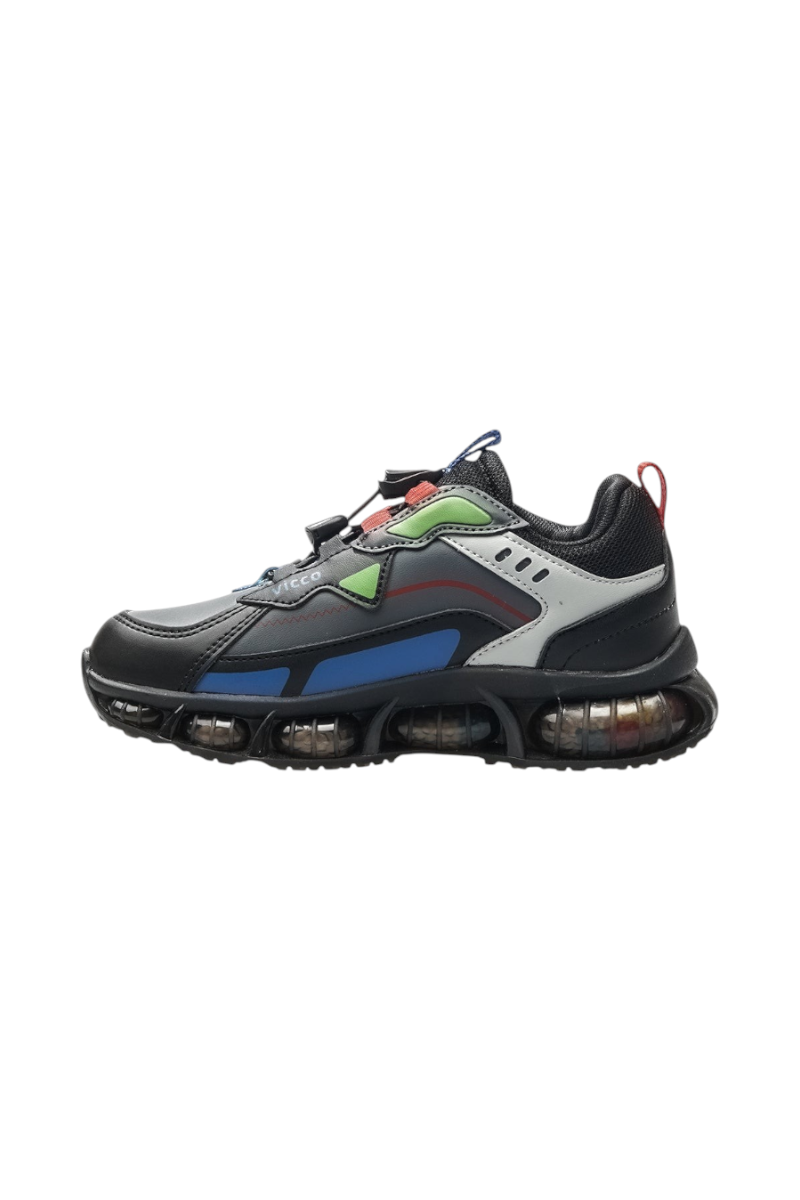 Sporline Vicco siyah suni deri çocuk sneaker, renkli detaylı ve kalın tabanlı spor ayakkabı