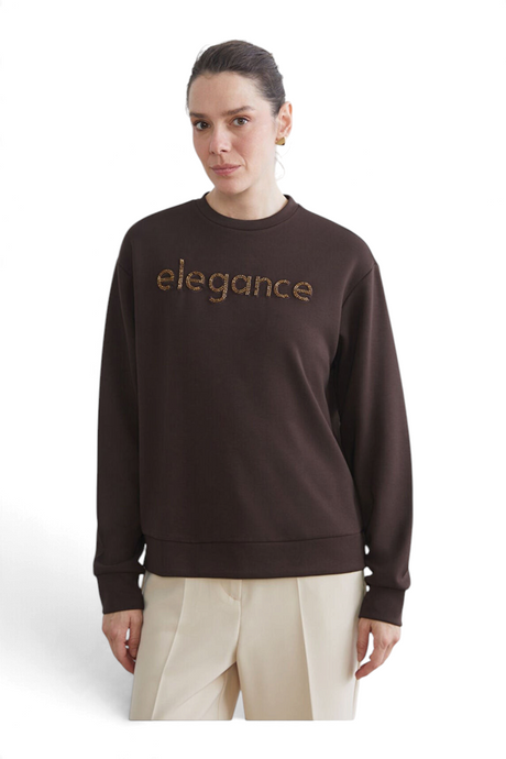 Sporline LC Waikiki koyu kahverengi pamuklu kadın sweatshirt, ön kısmında taş detaylı elegance yazısı ile