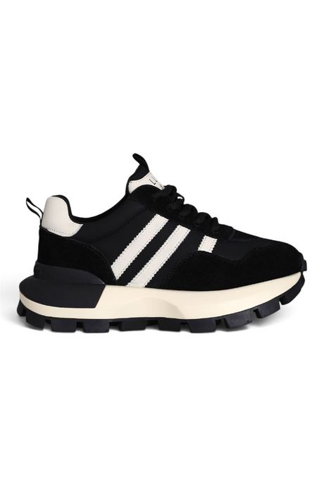 Sporline Lufian siyah deri ve kauçuk detaylı kadın sneaker, kalın tabanlı modern tasarım