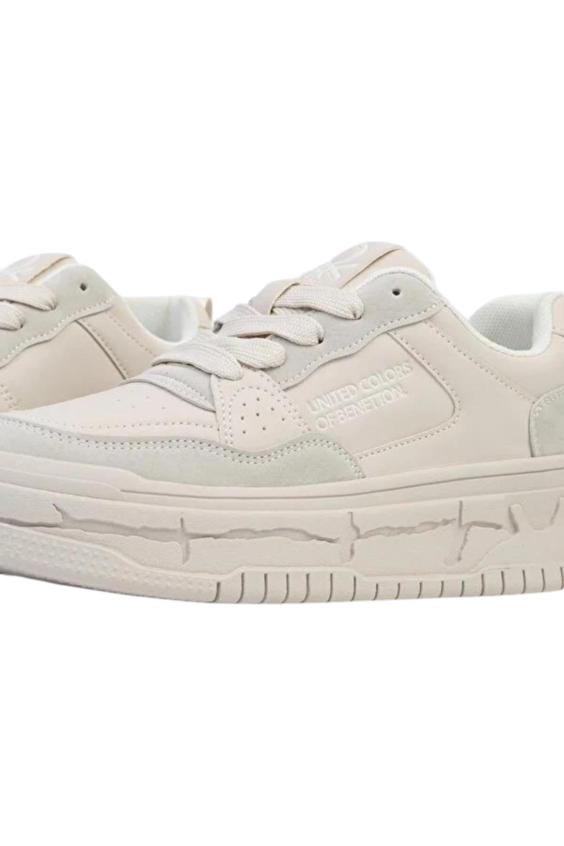 Sporline Benetton kadın bej suni deri sneaker, kalın tabanlı ve modern tasarımlı günlük spor ayakkabı.
