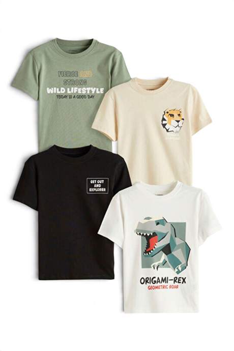Sporline LC Waikiki çocuk 4'lü kısa kollu baskılı t-shirt seti, yeşil, ekru ve siyah renk seçenekleriyle.