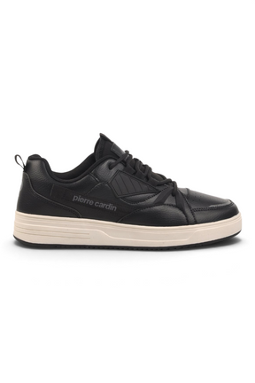 Sporline Pierre Cardin siyah poliüretan erkek sneaker, beyaz tabanlı günlük spor ayakkabı
