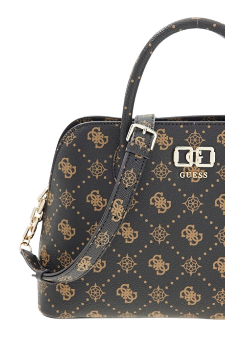 Sporline Guess Emelie Logo desenli, kahverengi ve siyah detaylı, şık kadın satchel el çantası