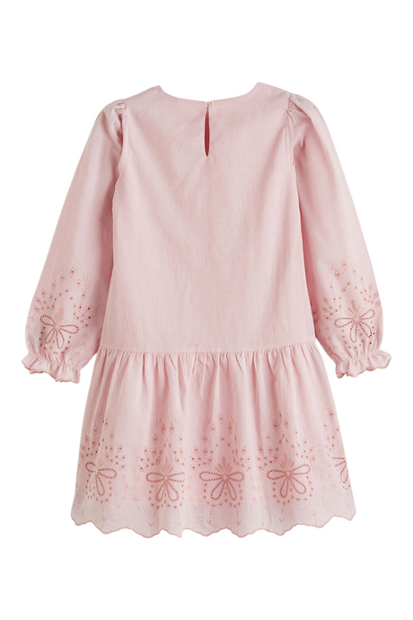 Sporline LC Waikiki pembe lila renkli, uzun kollu, çiçek nakış detaylı, polyester çocuk elbisesi
