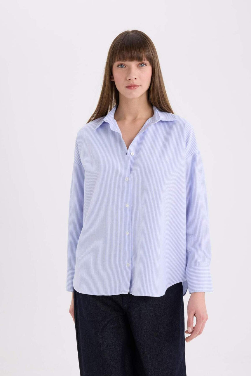 Defacto Kadın Long Sleeve Shirt D4512Ax - Mavi