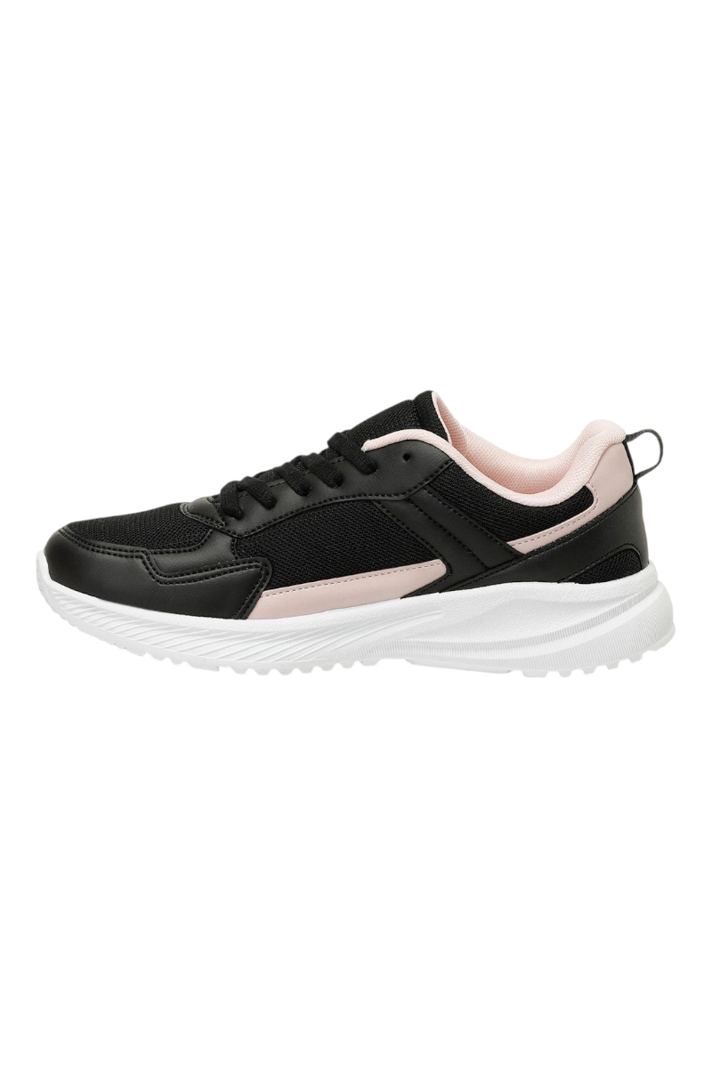 Sporline Kinetix 5P Grand siyah tekstil çocuk sneaker, beyaz tabanlı ve pembe detaylı yan profil görünümü