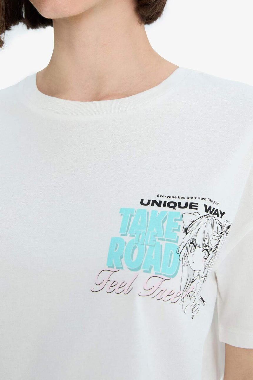 Defacto Kadın Short Sleeve T-Shirt F2241Ax - Kırık Beyaz
